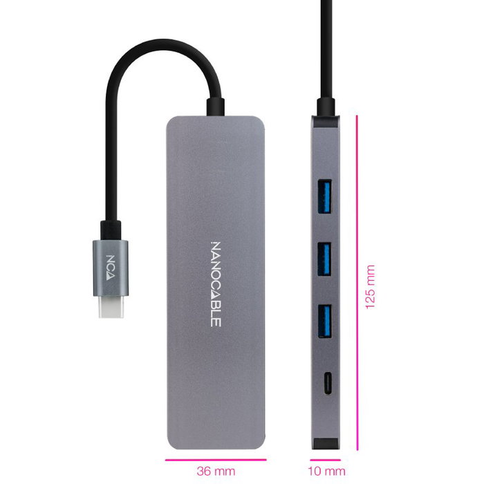 Nanocable Hub USB-C a 3xUSB 3.0 y 1xUSB-C Aluminio Gris 10 cm